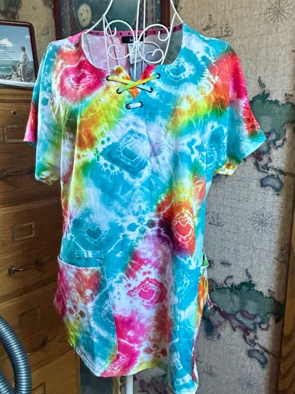 HeartSoul Laced Up Watercolor Tie Dye Scrub Top
